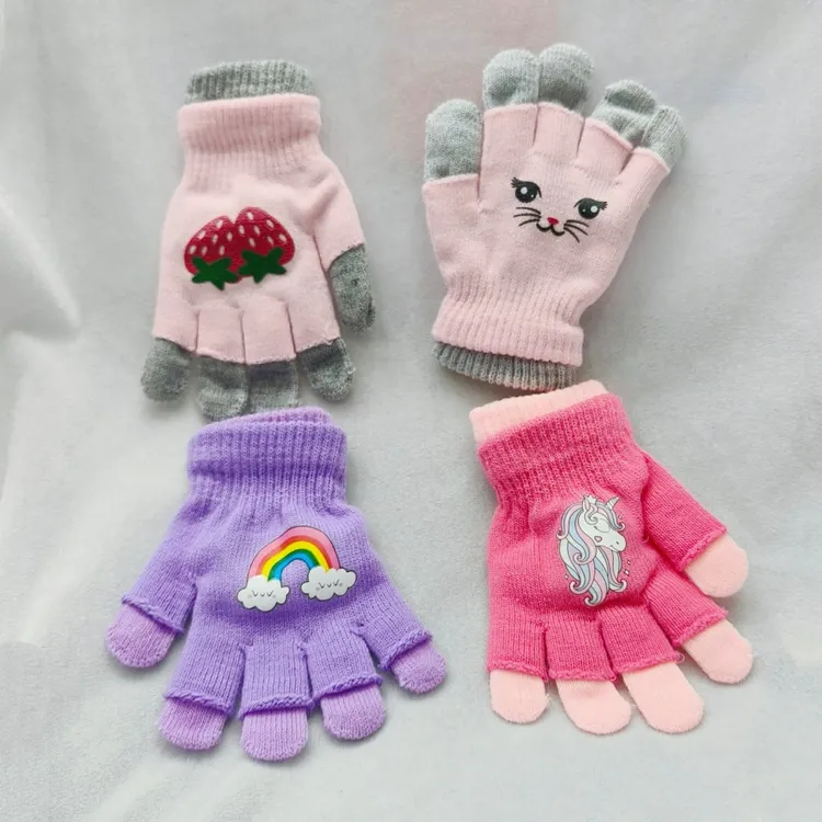 儿童保暖针织手套双层分指女加厚小雪生女童多功能卡通手套秋冬季