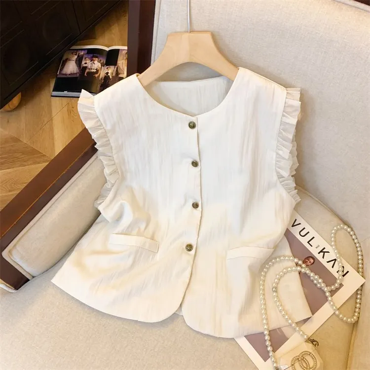 小香风木耳边拼接无袖马夹女款夏季洋气时尚百搭宽松坎肩背心上衣