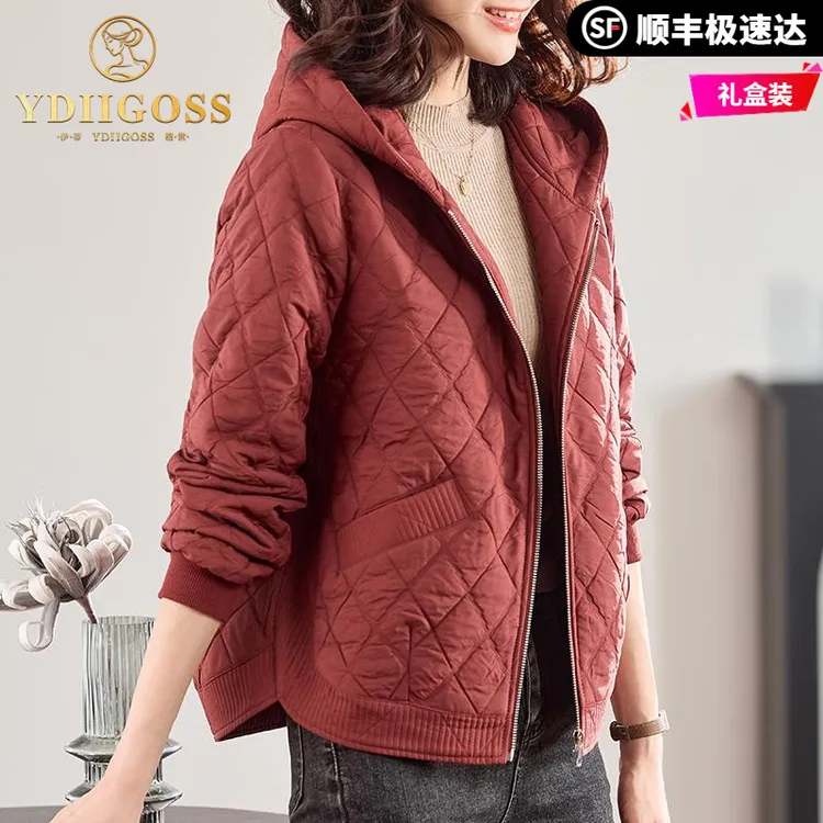 伊蒂格世连帽薄款棉衣女短款休闲宽松大码中年妈妈秋冬棉服外套
