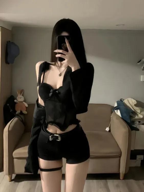 夏季黑色纯欲风辣妹网纱蕾丝修身显瘦短款吊带背心内衣上衣
