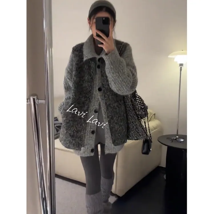 韩系慵懒风灰色毛衣马甲2025冬季新款中长款宽松百搭针织开衫套装