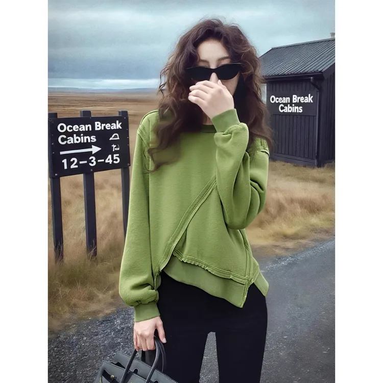别致不对称设计感圆领长袖绿色卫衣女独特漂亮慵懒风内搭小众上衣