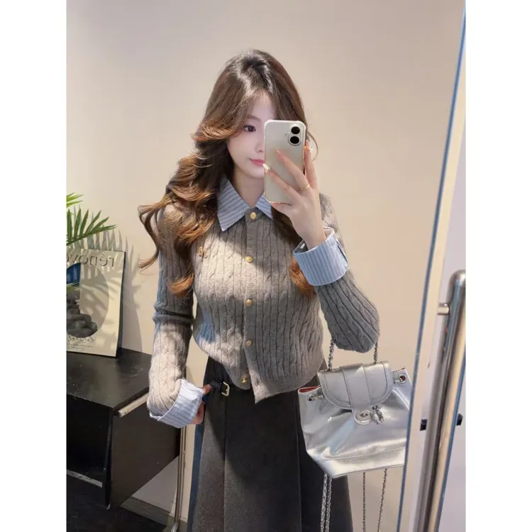 MuMu韩系灰色假两件拼接针织毛衣wpwgn00145高腰压褶半裙wp10480