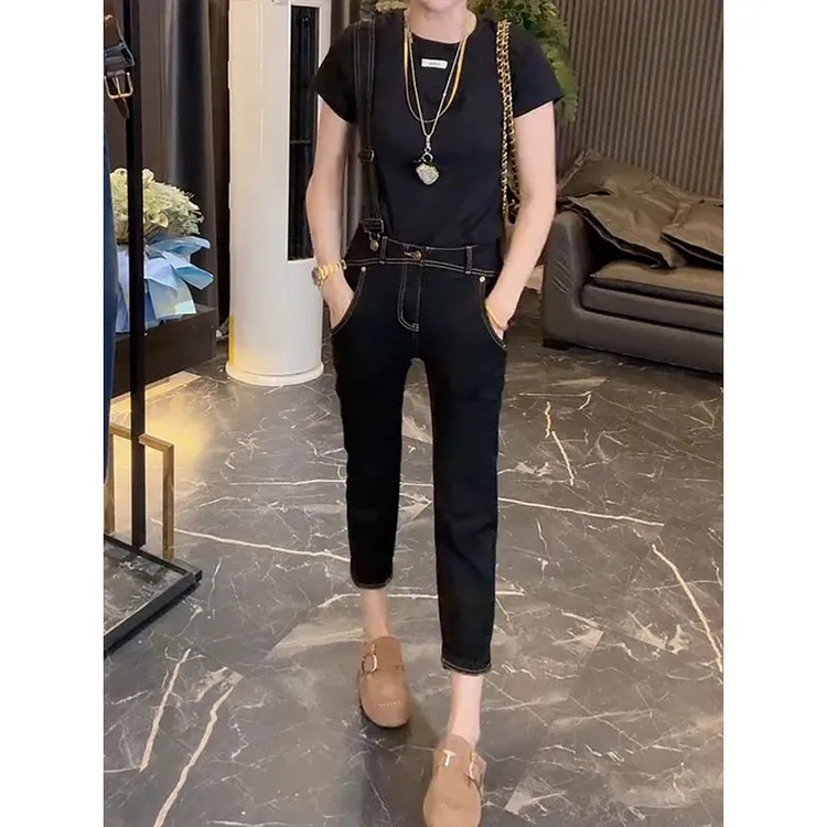 2025早秋大码新款高腰显瘦遮肉减龄背带裤时尚洋气百搭牛仔烟管裤