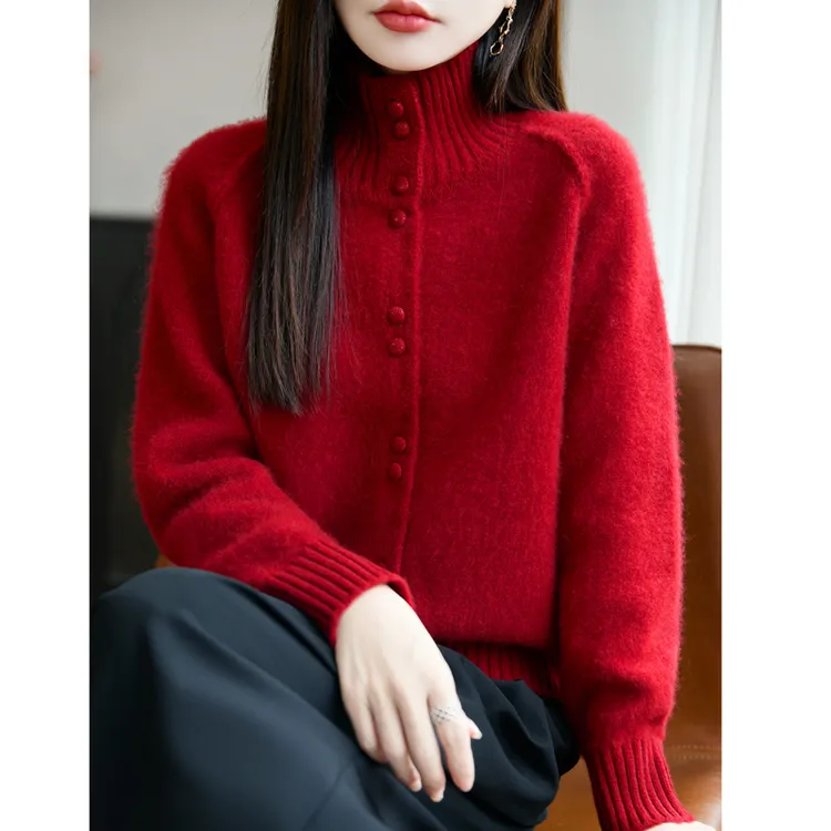本命年红色羊毛开衫女2026新款半高领毛衣宽松慵懒风保暖针织外套