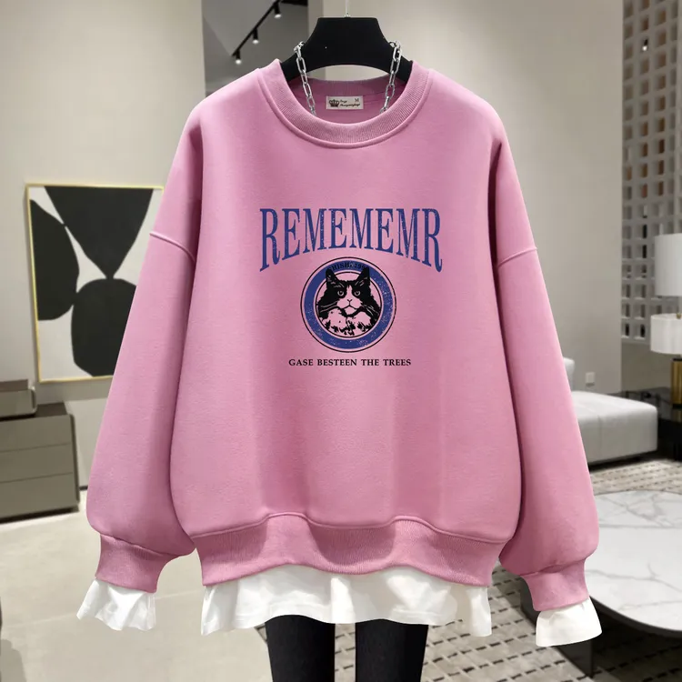 萌趣猫咪粉色假两件卫衣女秋装女款爆款2025新款宽松圆领长袖上衣