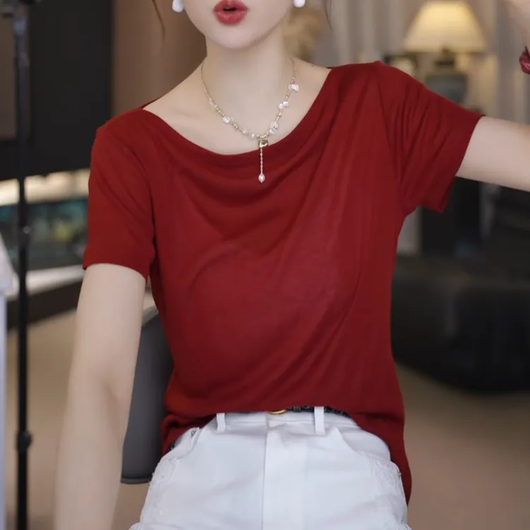 2025新款夏季时尚显瘦一字领宽松软糯百搭短袖T恤LK2503707