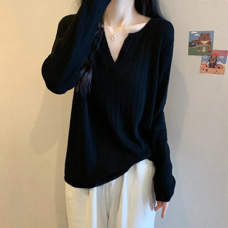 秋装爆款遮肚子长袖V领打底衫女胖mm大码女装显瘦内搭减龄针织衫