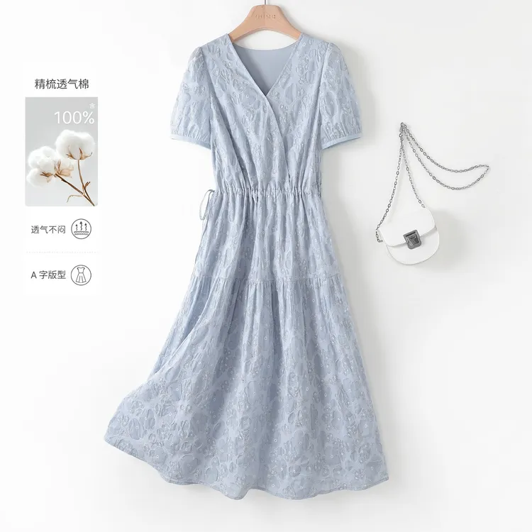 IHIMI/海谧【锦觅】25夏新款女装气质V领短袖收腰显瘦中长款连衣裙