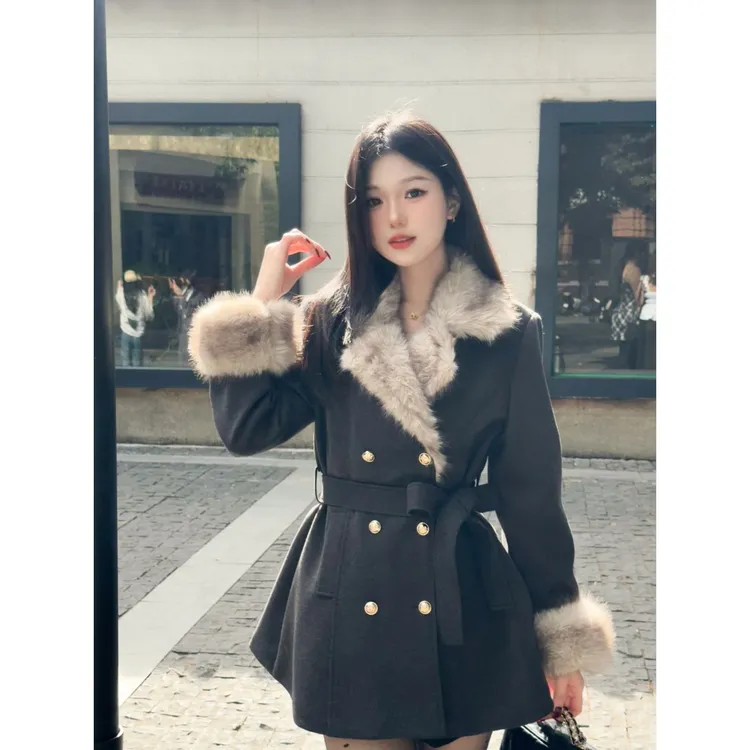 复古千金氛围感系带毛毛翻领双排扣毛呢外套女装2026新款爆款