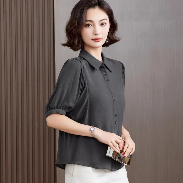 2025年夏季上衣中年妈妈新款短袖时尚气质宽松遮肚子休闲衬衫衬衣