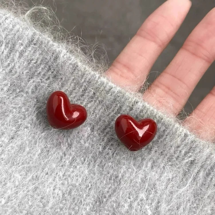 爱心车厘子s925银针耳钉复古酒红色耳环2025新款爆款高级感耳饰品