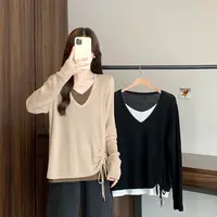 2025新款秋装大码女设计感撞色假两件抽绳针织长袖上衣72041