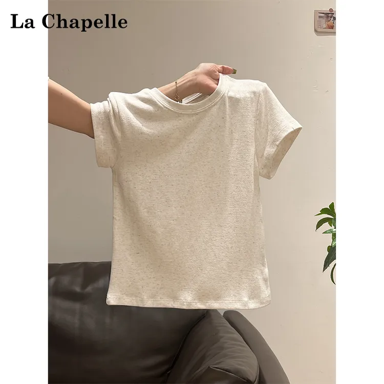 拉夏贝尔纯色肌理感圆领正肩短袖t恤女2025夏季修身显瘦百搭上衣