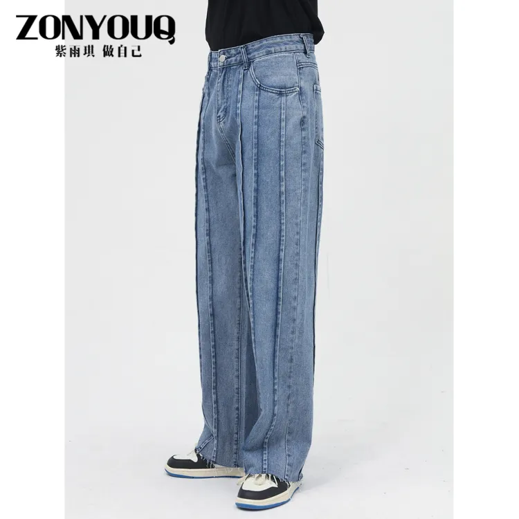 男装四季款复古宽松直筒褶皱设计牛仔裤男
