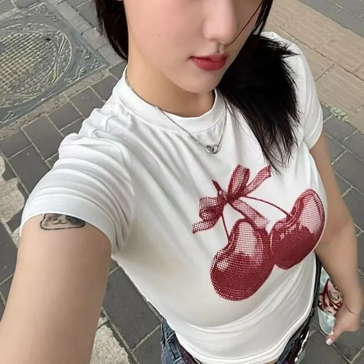 韩系樱桃印花正肩短袖T恤女夏季新款痞帅炸街风修身显瘦辣妹上衣
