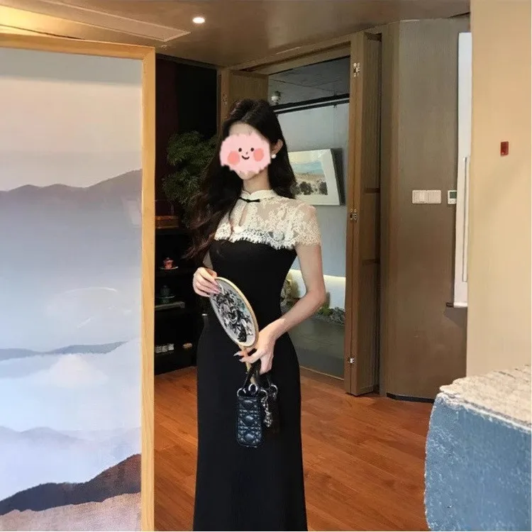 【锦绣河山】新中式蕾丝连衣裙针织收腰拼接长裙女