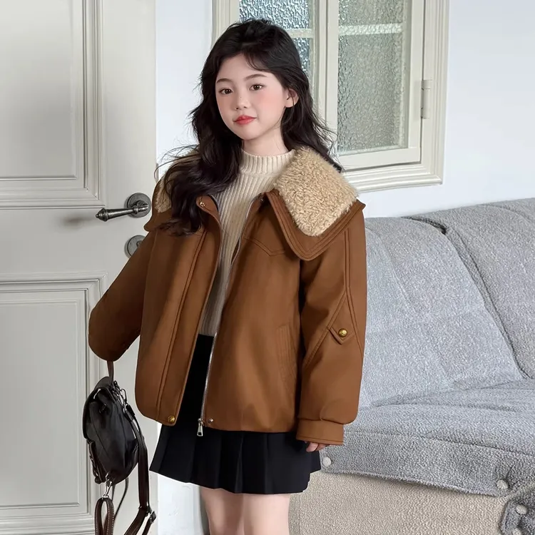 女童加绒皮衣外套秋冬款2025新款儿童洋气高级夹克冬装大童棉衣