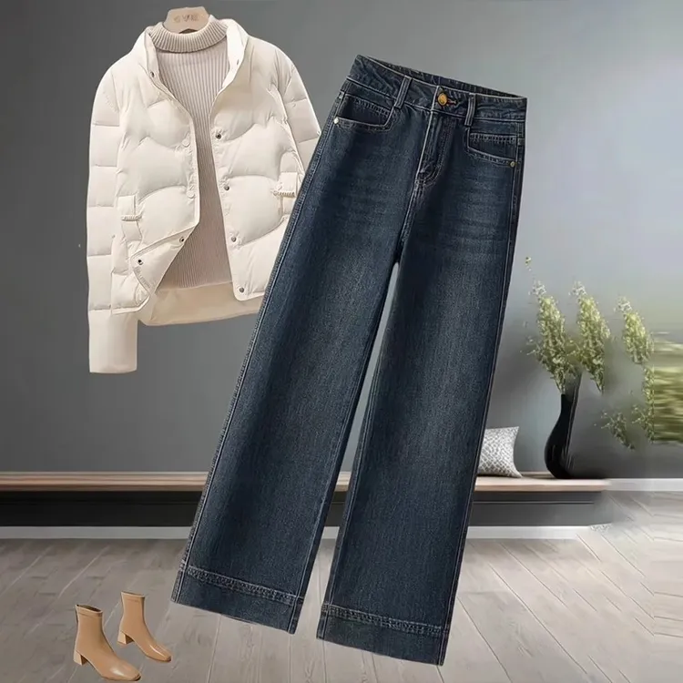 大码阔腿牛仔裤女2025新款高腰复古宽松显瘦百搭休闲直筒九分裤子