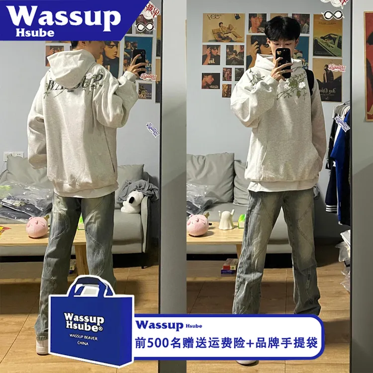 WASSUP HSUBE美式宽松秋冬印花长袖休闲花卉艺术字母卫衣情侣上衣