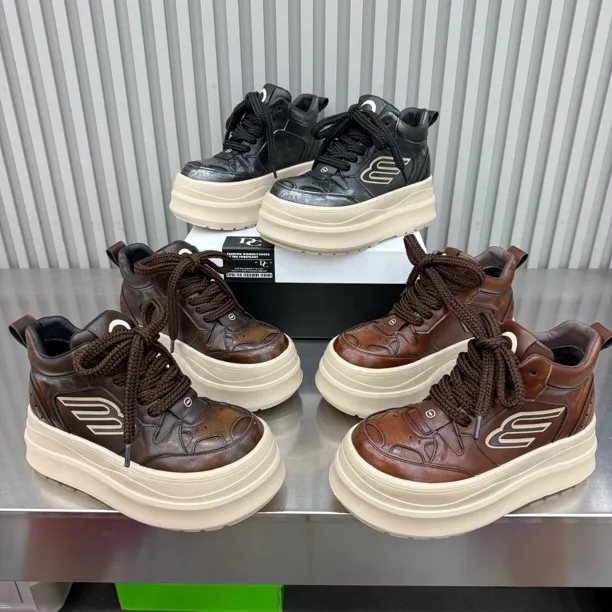 鞋，高帮新款厚底松糕复古做旧擦色时尚休闲鞋底厚7公分百搭洋气