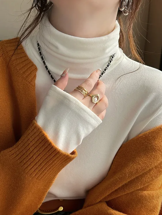 高领打底衫女秋冬新款女内搭高级感白色堆堆领叠穿长袖加绒上衣