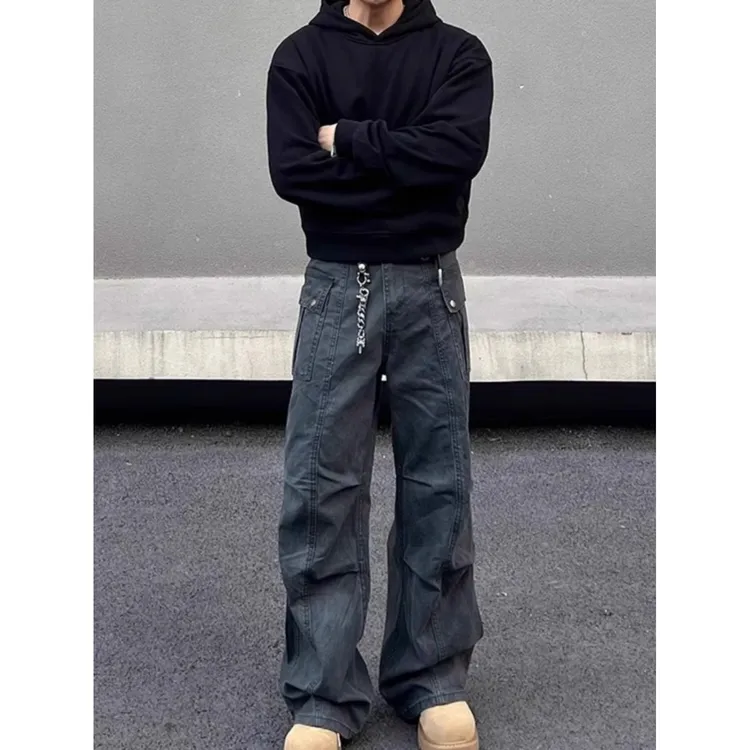 美式复古做旧灰色褶皱直筒工装裤男款多口袋高级感宽松微喇休闲裤