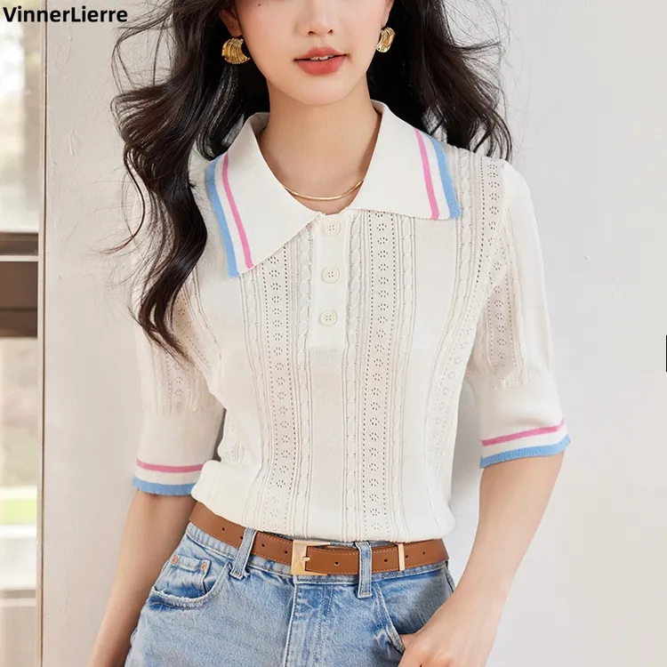 薇妮诺法式设计感白色polo领针织衫高级小衫上衣女小众撞色翻领