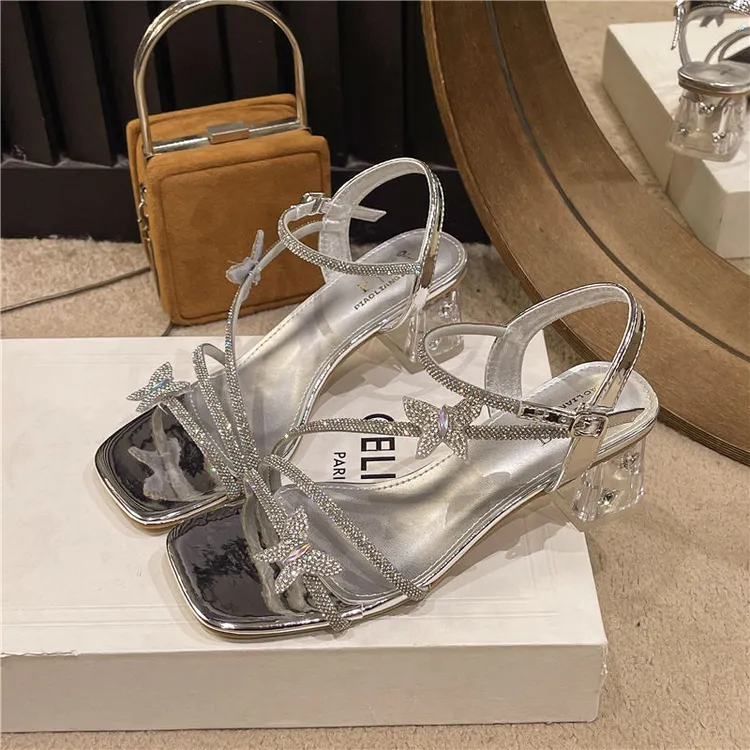UHCK银色高跟凉鞋女夏季配裙子仙女风水晶蝴蝶结方头露趾透明粗跟