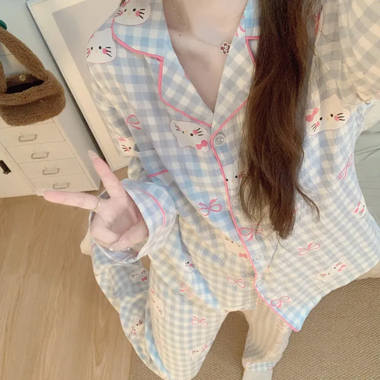 ins格子长袖亲肤棉纱睡衣女2025新款春秋季卡通kitty家居服套装夏