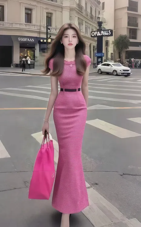 2025夏季新款粉色格子圆领收腰短袖包臀连衣裙女时尚气质显瘦长裙