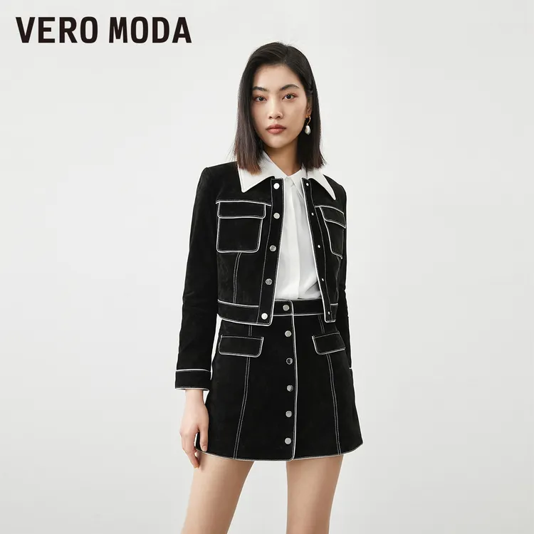 Vero Moda皮衣女猪剖层革羊皮革拼接爆款外套洋气百搭夹克高级感