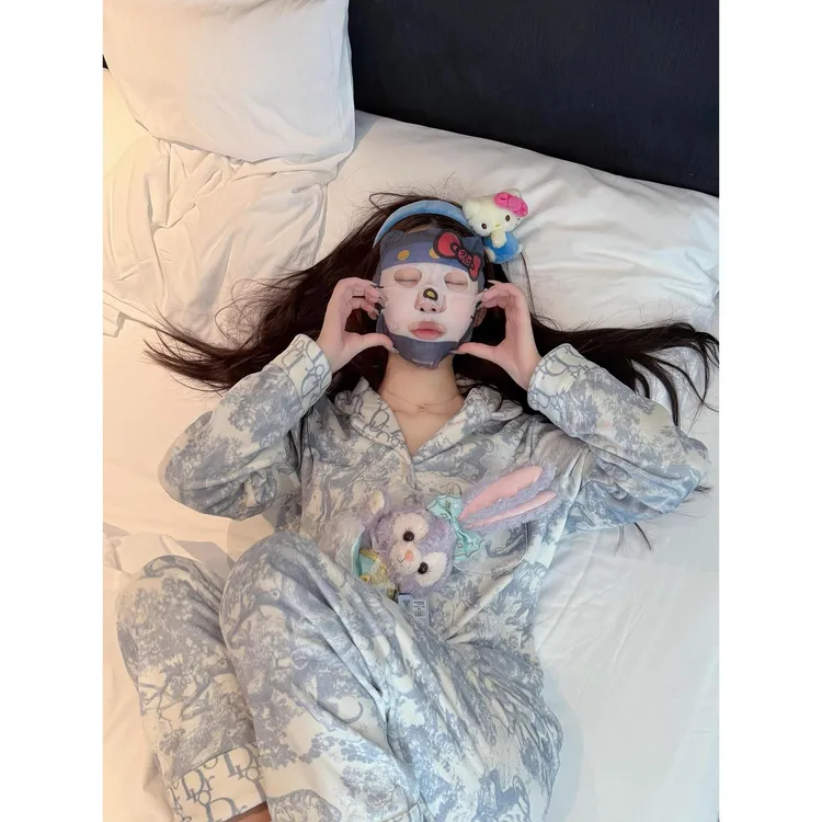 【轻奢名媛风】水墨画高级法兰绒睡衣少女春秋开衫长裤家居服套装