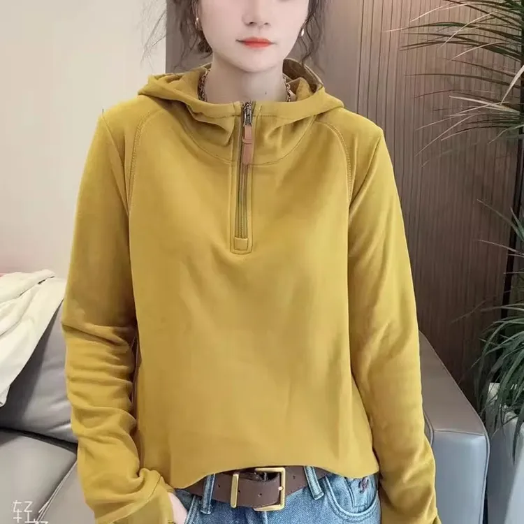 连帽德绒卫衣女2025秋冬新款韩版时尚半拉链纯色洋气百搭保暖上衣