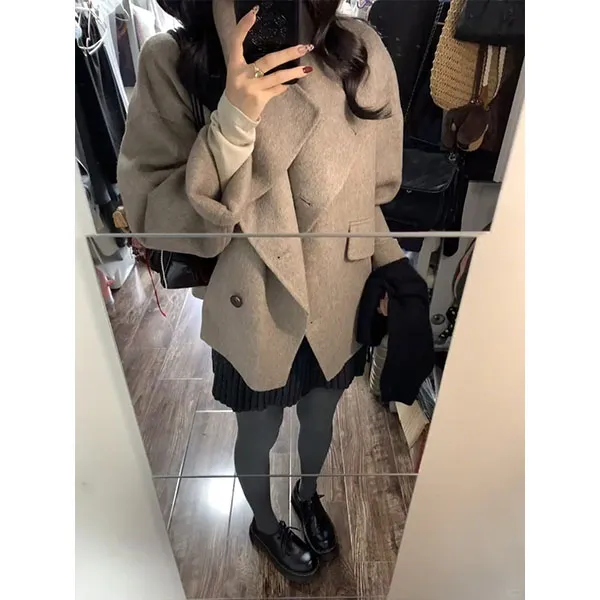 韩系慵懒风显瘦毛呢外套女秋冬2025新款设计感呢子大衣裙子套装女