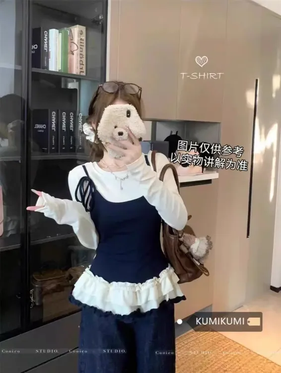 【晴儿家】2025春季新款微胖大码女装甜美风假两件花边底摆上衣