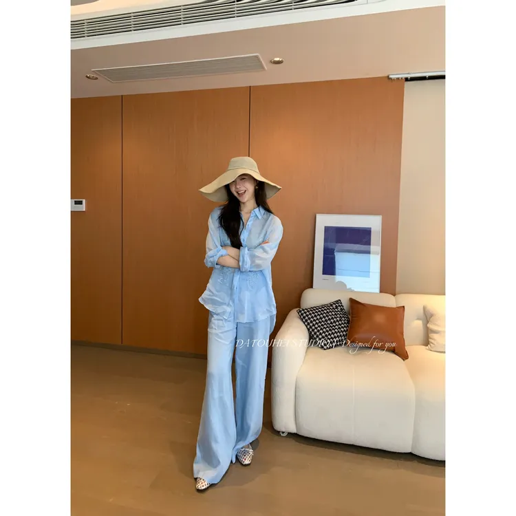 大头黑STUDIO【蓝珀叠镜】2025女夏刺绣衬衫阔腿裤套装D225C07873