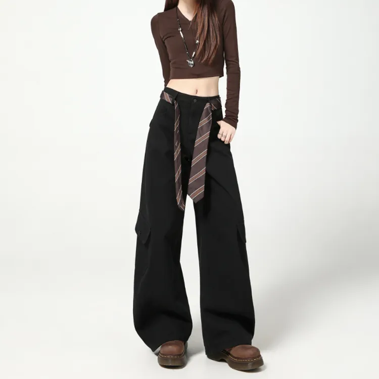 拉夏贝尔小众炸街高级感工装裤秋2025潮款裤子女新款弯刀裤休闲裤