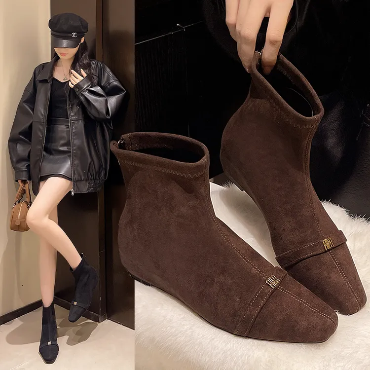 欧美风粗跟秋季中跟短靴黑色裸靴女靴加绒瘦瘦靴方头