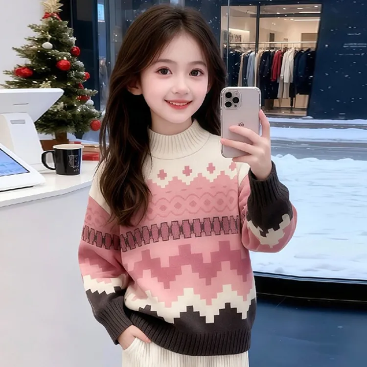 女童毛衣秋冬新款儿童休闲洋气冬季加厚圆领针织衫韩版上衣女孩