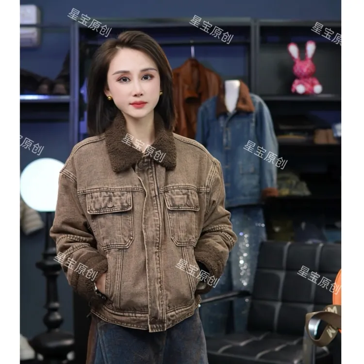 冬季时尚复古水洗宽松牛仔棉衣落肩加绒厚外套2272