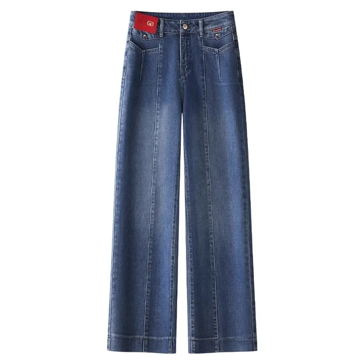 时尚窄版阔腿牛仔裤女2025春季新款高腰显瘦直筒裤宽松垂感拖地裤
