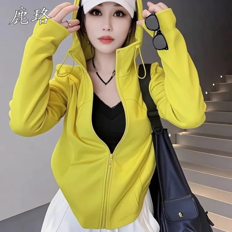 法式高弹外套长袖T恤女春夏洋气连帽抽绳开衫拉链户外防晒衫上衣