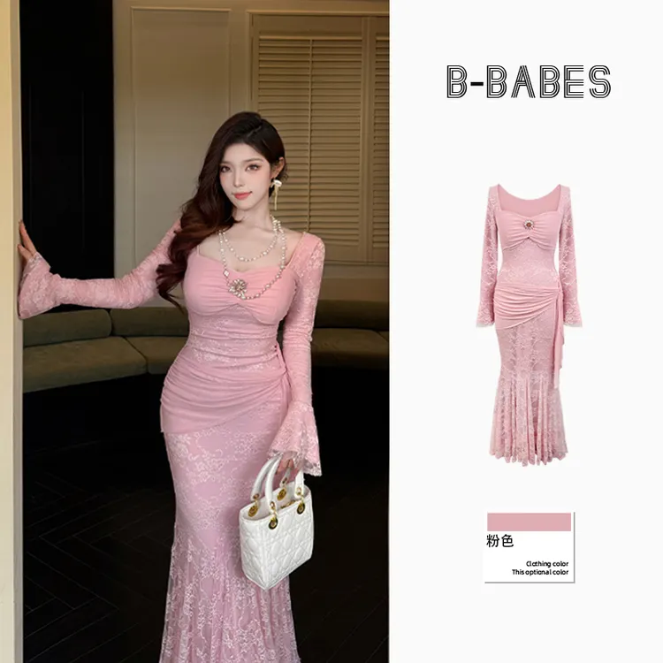 B-babes【桃色柔纱】大码纯欲温蕾丝带胸垫收腰步步生莲显瘦包臀裙