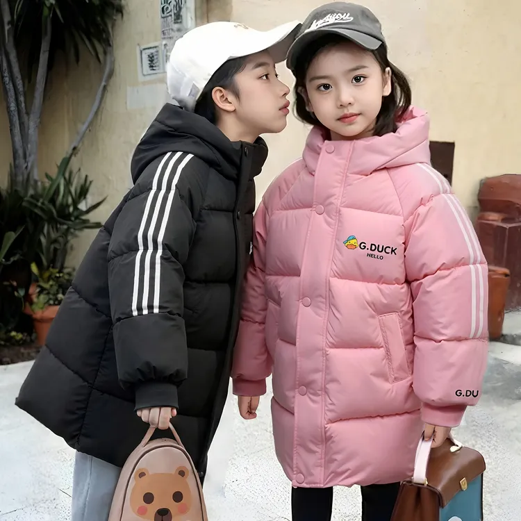 2025新款韩系百搭中长款连帽棉服男童女童加厚过膝冬季保暖外套