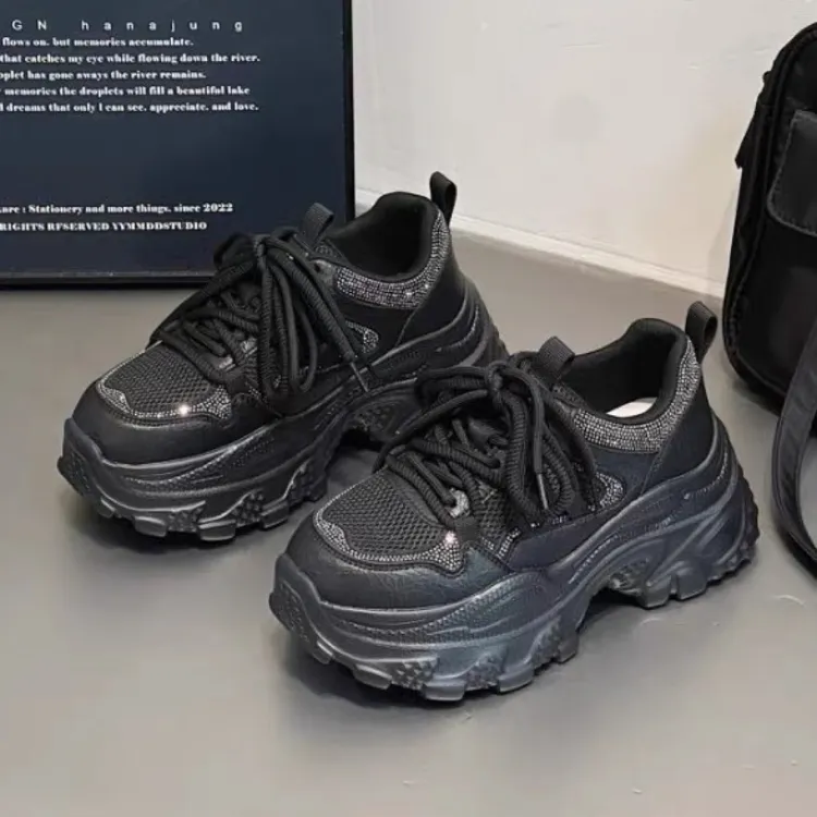 2025女士新款老爹鞋水钻厚底秋季增高鞋子小个子休闲运动鞋