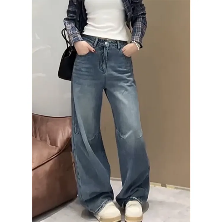 艾塔莉蓝色复古美式阔腿牛仔裤女春夏新款梨形百搭弯刀裤子小个子