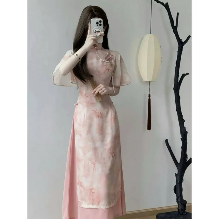 粉色旗袍女新中式改良奥黛长款茶艺服遮肚子遮肉日常夏季连衣裙