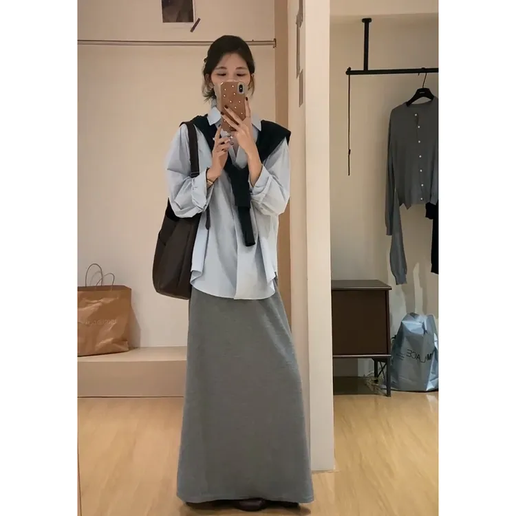 2025早秋新款女韩系穿搭V领长袖衬衫上衣百搭披肩高腰显瘦半身裙