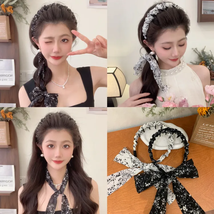 水墨画碎花编发发带女绑发丝巾飘带发箍一体系丝带头箍甜妹超仙